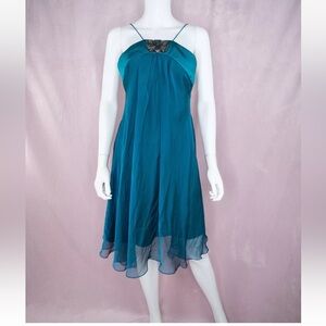 Badgley Mischka 100% Silk Blue Dress Size 6 Beaded Gems Strappy Holiday